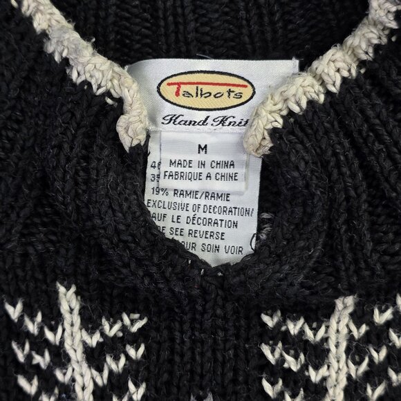 Talbots Sweater Women M Black Fair Isle Snowflake Handknit Linen Blend Mock Neck - Picture 4 of 12